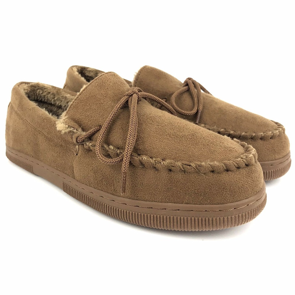 Oxford & Finch Slippers Mens Size 11 Hickory Brown Faux Fur Rubber Sole Moccasin